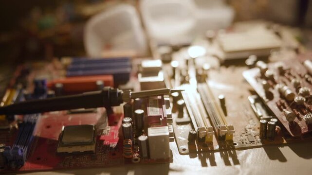 Close-up of circuit board with electronic components on a workbench