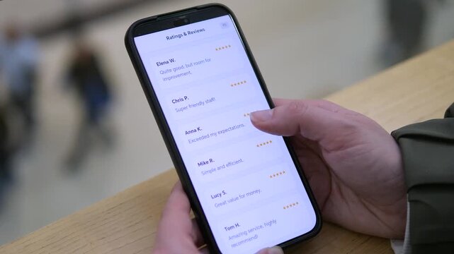 Hand scrolling through a list of customer reviews on a smartphone screen. Five-star ratings and testimonials visible. Ideal for e-commerce, social proof, and consumer feedback stock footage.