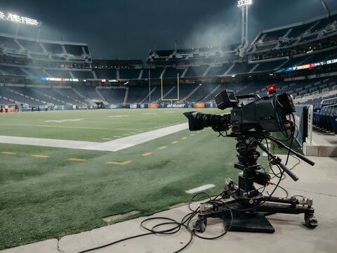 Tv camera filming sports event at night