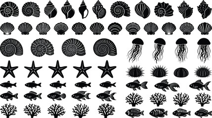 Vintage Black Sea Life Silhouette Icons Set Featuring Diversified Seashells Starfish Jellyfish Coral Reef and Marine Fish Vector Illustration for Coastal Designs © Nayem