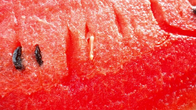 Detailed watermelon texture photographed from a close perspective, highlighting juicy fruit characteristics and natural sweetness, perfect for healthy food marketing and summer refreshment themes. 4k.