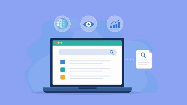Animated flat vector dashboard on a laptop screen featuring global visibility monitoring, performance analytics, and business intelligence icons. Modern data management and tracking concept.