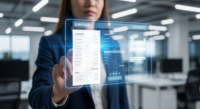 Woman accountant using virtual e-invoice interface on holographic screen. Digital financial transaction and electronic billing document for business management. Innovative cloud technology.