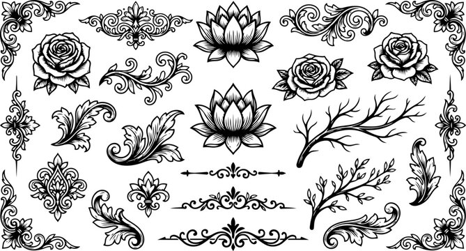 Elegant vector graphic set featuring intricate floral lotus rose elements and ornate vintage scroll border flourishes
