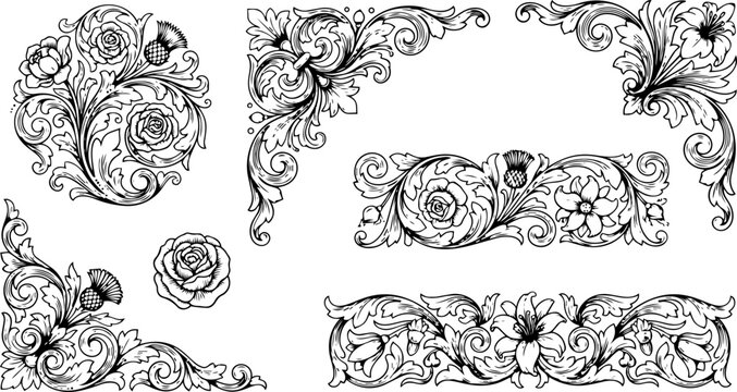 Intricate black and white floral vector illustration set featuring elegant vintage scrollwork and decorative botanical elements