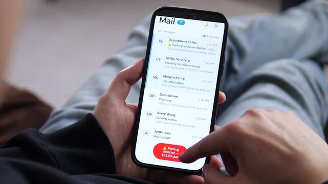 Browsing a mobile email inbox with new messages. The screen displays utility statements, file attachments, and security notices. Perfect for productivity apps, corporate communication, and digital