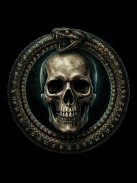 Ouroboros Serpent Coiled Around Human Skull on Black Background.