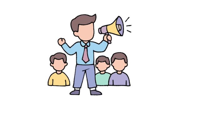 Cartoon Leader Shouting into Megaphone to Team Illustration