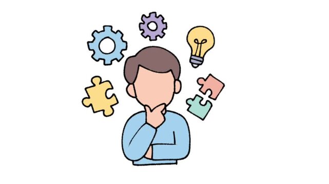 Cartoon man thinking with gear lightbulb and puzzle piece icons