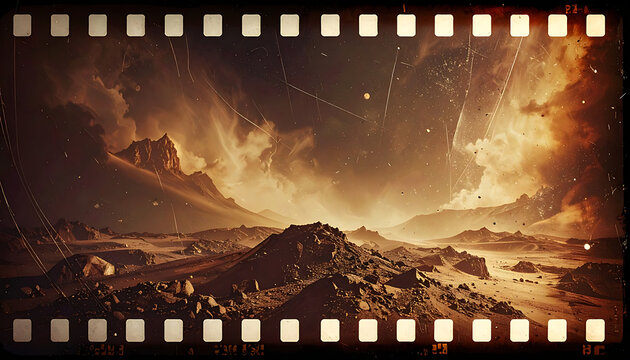 Vintage film strip frame showcasing a dramatic dusty mountain landscape with golden sunset tones, retro cinematic texture overlay