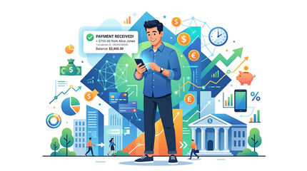 Naklejka premium Digital payment and financial technology concept with a young man using a smartphone to receive money, featuring banking, investment, and growth elements