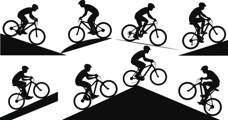 Naklejka premium Set of mountain bike silhouettes in various riding positions and terrain