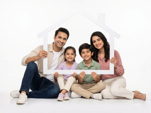 happy indian family with house frame representing mortgage insurance and future financial planning concept