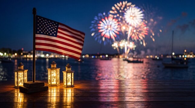Celebratory fireworks display with american flag waterfront location night scene festive atmosphere scenic viewpoint patriotism concept