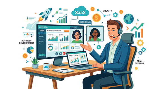 Saas sales representative conducting a product demo on a video call