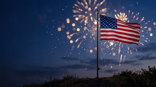 American flag displayed with fireworks celebration outdoor night scene patriotic event urban landscape dramatic viewpoint freedom concept