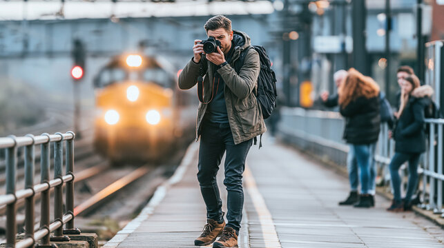 Man with backpack and camera standing on a train station platform, capturing an approaching train. Travel photography hobby