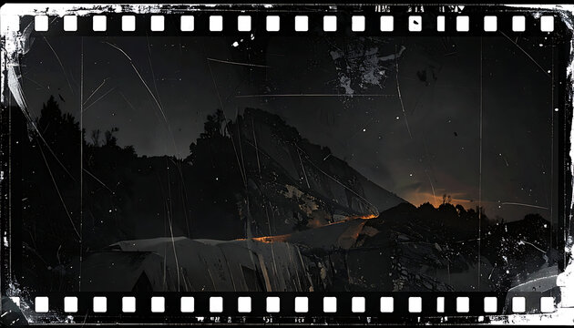 Vintage film strip frame with distressed texture, heavy scratches, dust particles, and cinematic dark night mountain landscape, nostalgic motion picture effect