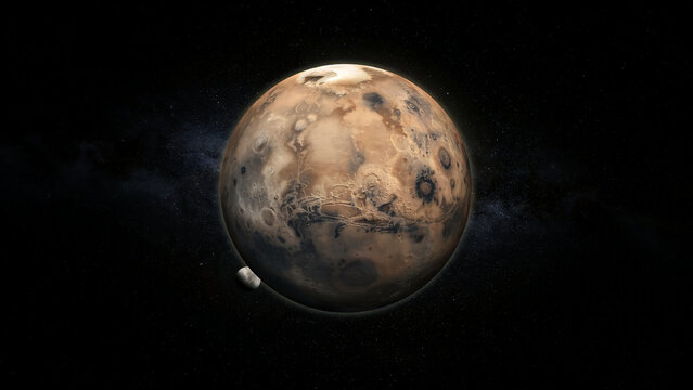 Mars planet in space with satellite, brown and black surface