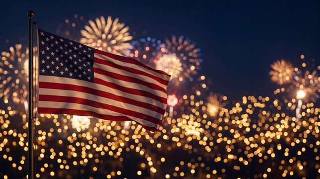 Spectacular fireworks celebration with large american flag urban skyline nighttime event vibrant atmosphere festive viewpoint