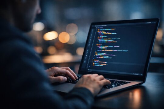 Developer coding on laptop screen.