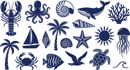 Blue Nautical and Marine Life Silhouette Icons Set Featuring Sea Animals Coral Reef Palm Trees and Sailboat Vector Illustration for Summer Beach Designs © Nayem