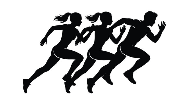 Dynamic black vector illustration showing three athletic people running forward with speed and great energy