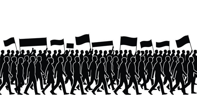 Silhouette vector illustration of a large protesting crowd holding blank banners and black waving flags