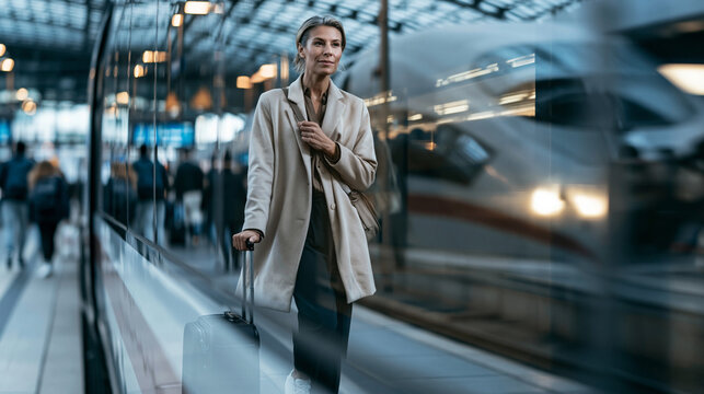 Woman walking with luggage at a busy train station, a fast moving train passing in the background. Concept of travel, commute