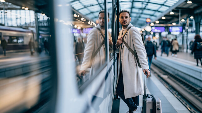 Man with backpack and rolling suitcase standing on a train station platform, preparing for travel
