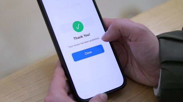 User viewing a thank you notification after submitting feedback. Clean interface with green approval icon. Great for loyalty programs, rating systems, and mobile user journey design.