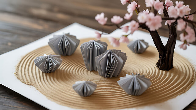 Origami figures on a zen garden, with cherry blossom tree paper figures sand