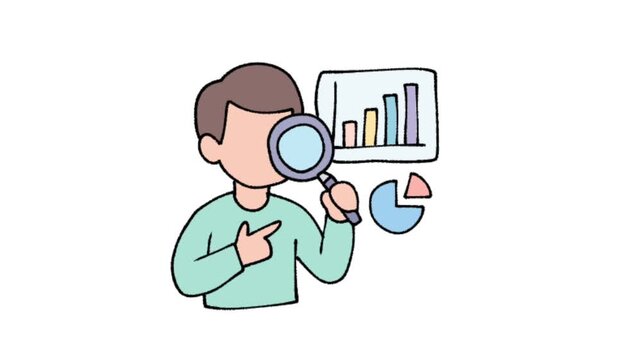 Businessman analyzing financial data charts with magnifying glass