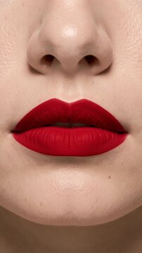 Close-up of lips painted in bold red color. Soft skin texture visible around the lips. Nose and upper lip area included in frame. Red pigment covers lips evenly