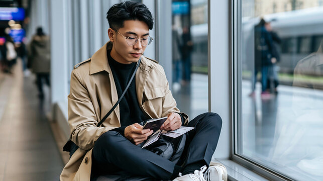 Stylish young man preparing for train travel, holding passport and tickets while sitting by a window in a railway station