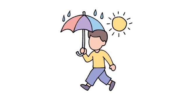 Cartoon character walking with colorful umbrella in sunny rain