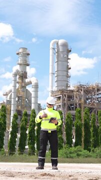 Engineering inspection at industrial plant worker in hard hat and high visibility jacket uses tablet, technician points at refinery pipeline, safety maintenance data recorded under blue sky