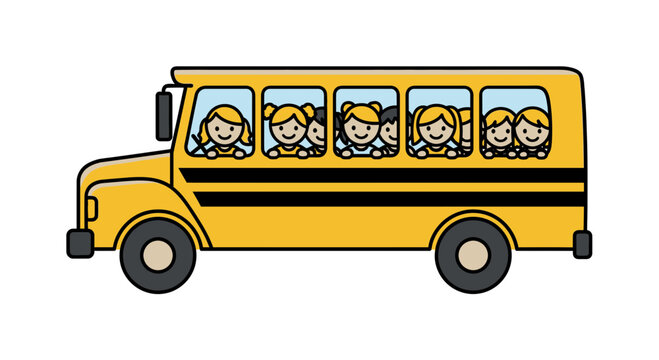 Cartoon Yellow School Bus Full of Happy Children