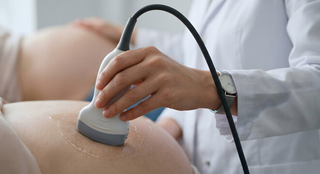 Doctor performing prenatal ultrasound scan on pregnant woman belly with gel in medical clinic setting.