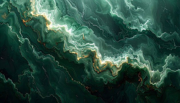 Deep emerald green liquid marble texture with shimmering gold accents, wavy flowing pattern for luxury backgrounds