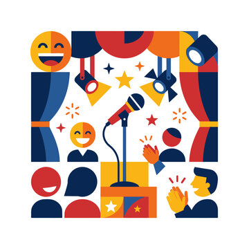 A colorful flat illustration of a stand up comedy show stage