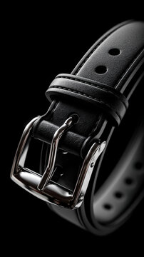 Close-up of a black leather belt with metal buckle on a black background, fashion accessory detail
