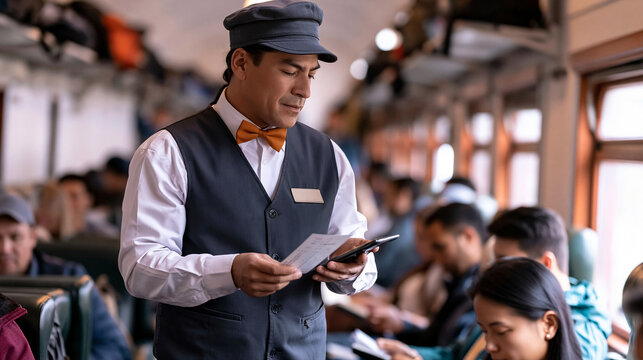 Train attendant in uniform checking passenger tickets inside a busy train car, providing service for comfortable public transportation