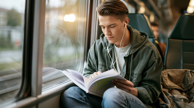 Student commuting by train, listening to music with earphones, focusing on a textbook near window. Studying on public transport