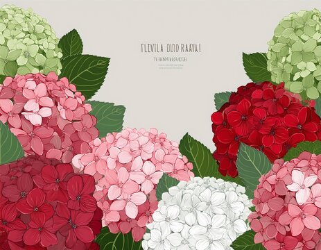 floral card with red pink white and green hydrangea flowers greeting or invitation card design