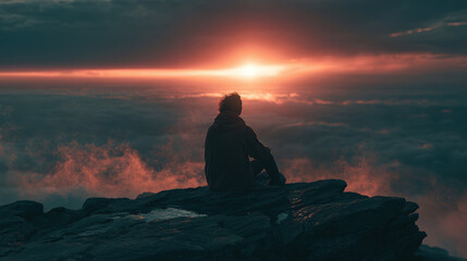 Fototapeta premium Dramatic silhouette of person standing on ocean rock cliff at stormy epic sunset sky