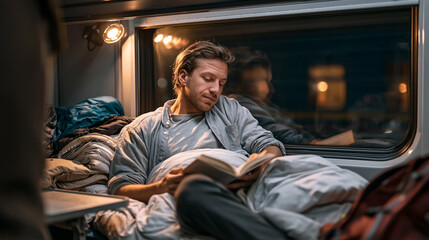 Obraz premium Passenger relaxing and enjoying a good book in a cozy train cabin, traveling overnight on a long journey
