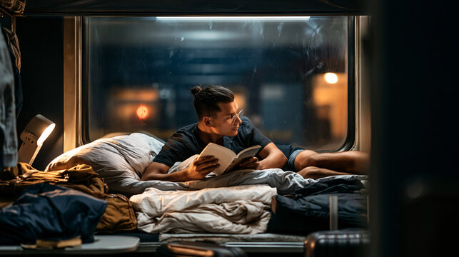 Young man wearing glasses lying comfortably in a train sleeper car, reading a book enjoying solitude during a night journey