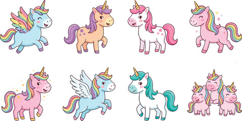 Naklejka premium Cute Cartoon Unicorn Character Poses Set with Colorful Rainbow Mane Flying Pegasus Wings and Magic Stars Vector Illustration for Children Fantasy Designs