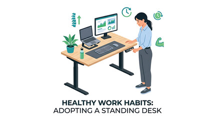 Fototapeta premium Woman using adjustable standing desk for healthy work habits, isometric illustration